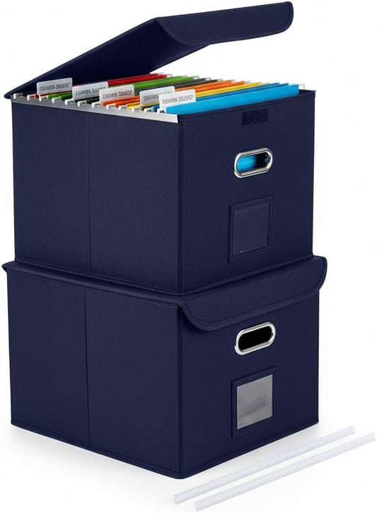 File Organizer Box with Lid (Navy Blue, 14.9 x 12.59 x 10.8 inch, 2-Pack) | Large Hanging File Folder Organizer with Plastic Slide, Collapsible Portable Filing Storage Boxes for Office/Decor/Home