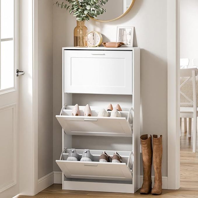 Haotian Shoe Cabinet Storage for Entryway | Narrow Shoe Cabinet with Three Flip Drawers to Save Space, Shoe Rack Cabinet for Entrance Hallway (White)