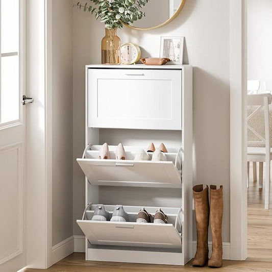 Haotian Shoe Cabinet Storage for Entryway | Narrow Shoe Cabinet with Three Flip Drawers to Save Space, Shoe Rack Cabinet for Entrance Hallway (White)