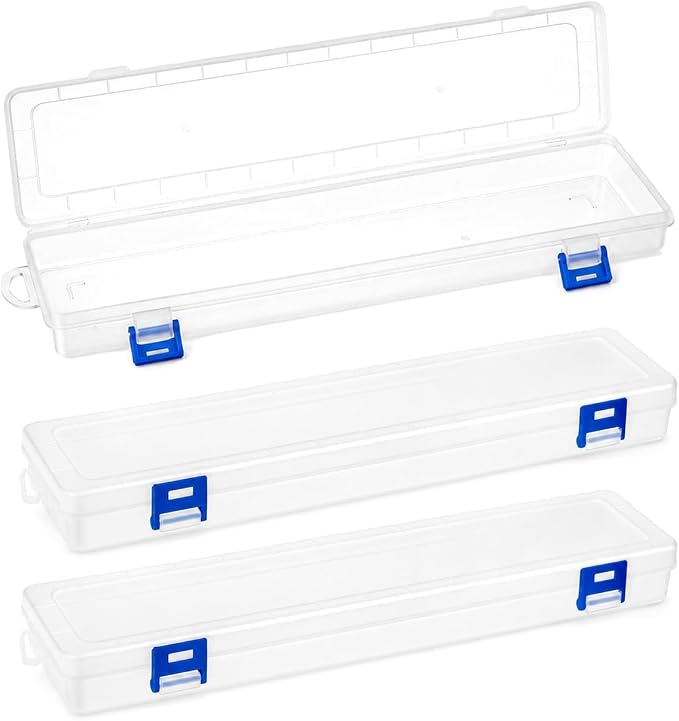 QWORK Translucent Plastic Paint Brush Holder 13" Long (33x7x3.5cm) – Clear Storage Box with Snap Closure for Art Supplies, Watercolor Pens & Drawing Tools Organizer