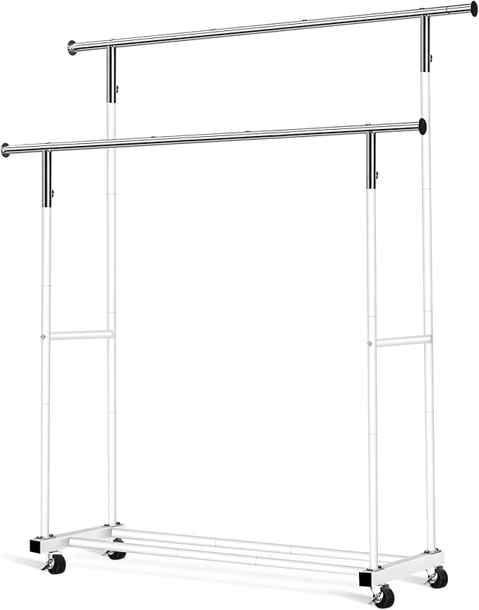 VICERII Double Clothing Rack, 55.51 Inch Garment Rack with Wheels and Bottom Shelf, 130LB Capacity Heavy Duty Rolling Clothes Racks for Hanging Clothes, Coats, Shirts, Sweaters, Skirts, White
