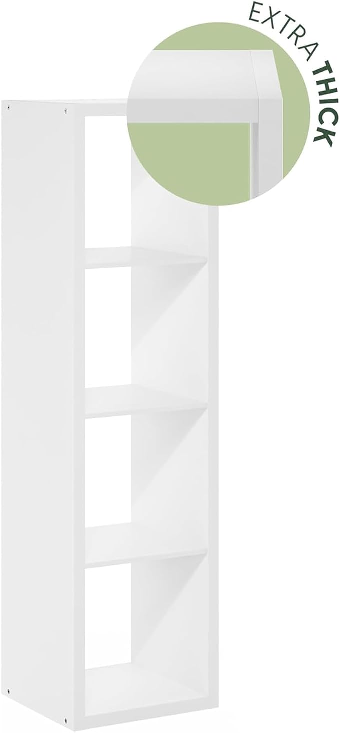 Furinno Cubicle Book Shelf, Vertical 4-Cube Bookshelf, Extra Thick Frame Horizontally & Vertically Reversible Bookcase with Open Back, 14.6" x 16" x 58", for Living Room, Bedroom, Home Office, White