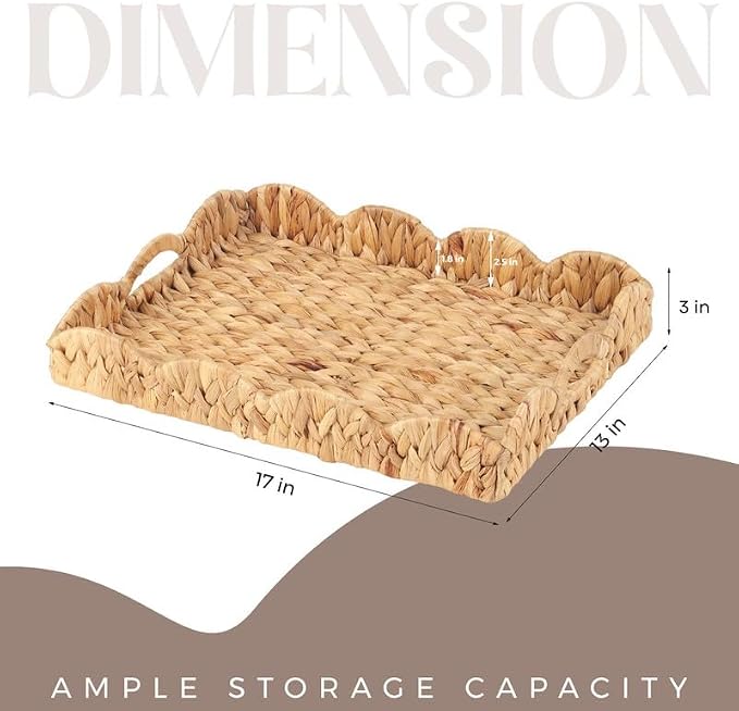 Scalloped Water Hyacinth Tray, Hand-Woven Wicker Storage Baskets with Scalloped Edge and Handles (17x13x3in) Rectangular Handwoven Trays, Water Hyacinth Basket for with Built-in Handles
