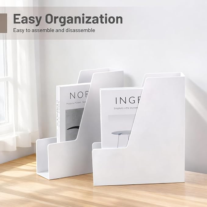 CiWiVOKi Vertical Magazine File Holder, 4 Pack, White | Desktop File Organizers for Magazines, Binders, Notebooks and Paperwork with Space-Saving Vertical Storage