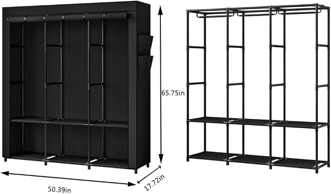 SORCEDAS Portable Closet Wardrobe with Hanging Rods Shelves Clothes Storage | 50 Inch Closet Organizers and Storage with Non-Fabric Cover,Freestanding Clothes Closet for Bedroom,dorm,Storage Rooms Black