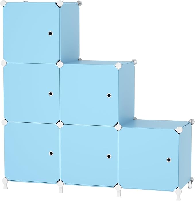 6Cube Storage Organizer Modular Stackable with Doors Blue | Sturdy plastic 6-cube cabinet with doors, 30x30x30cm per cube, tool-free snap assembly, ideal for bedroom, stairs, closet.
