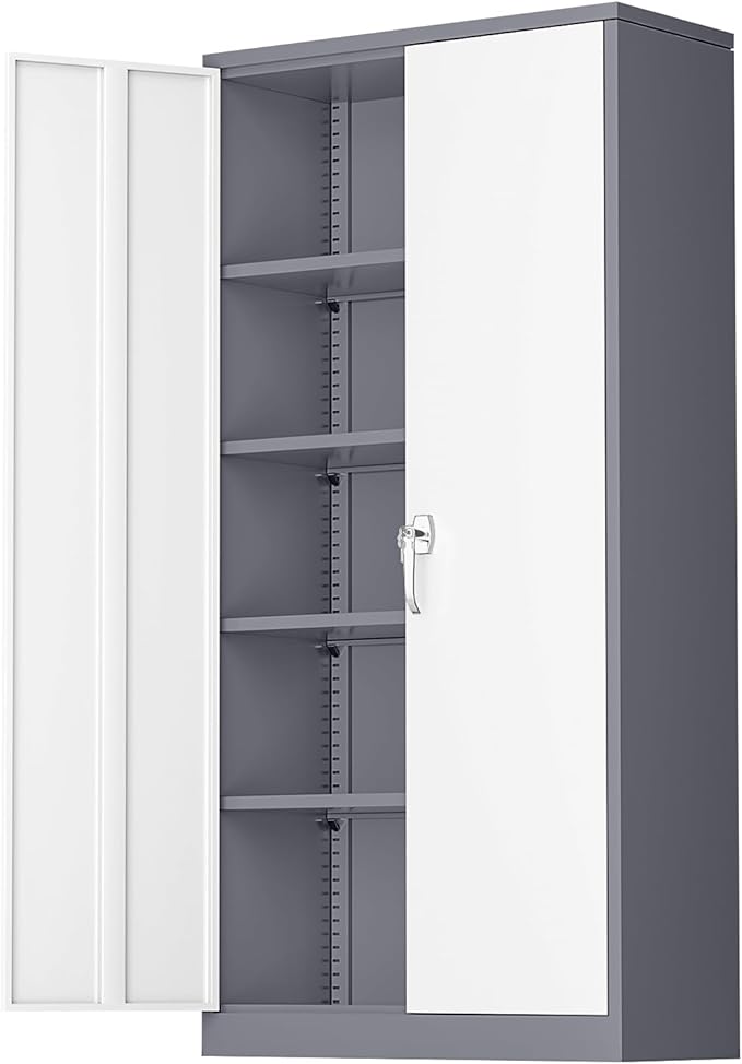 Greenvelly Metal Storage Cabinet with 2 Doors and 4 Adjustable Shelves, Lockable Steel Tool Cabinet for Home, Office, Garage, Classroom (Grey White)