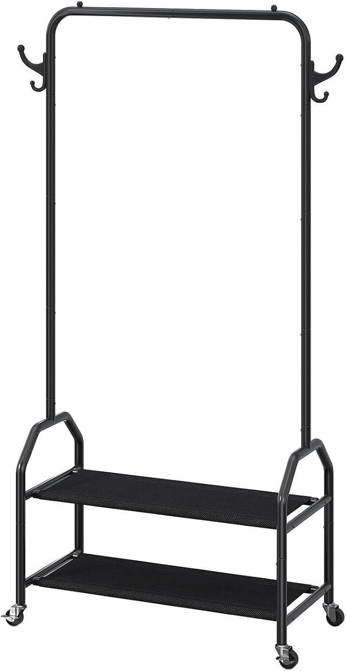 EVLIQUIL Metal Garment Rack with 2-Tier Shelves, Wheels & Side Hooks, Black