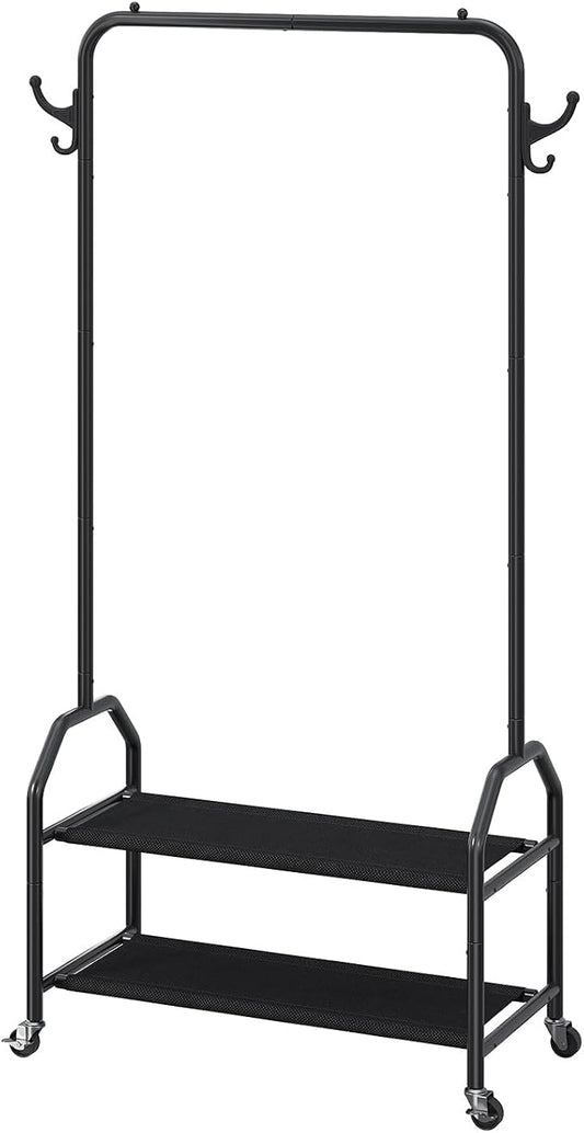 EVLIQUIL Metal Garment Rack with 2-Tier Shelves, Wheels & Side Hooks, Black