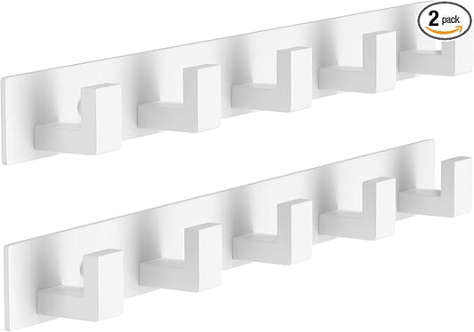 PMMASTO Stainless Steel Coat Rack Wall Mounted, Heavy Duty Metal Hook Rail for Hanging Coats Hats Towels Robes Bags, Modern Wall Hooks Organizer (White, 5 "L Hooks, 2 Pack)