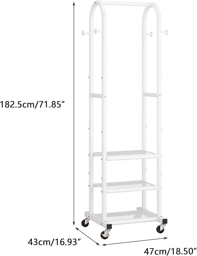 Dttwacoyh Clothing Rack with Wheels,Narrow Metal Garment Rack,White | Easy to install, 71.8 Inches Display Rack with 4 Side Hooks & 3 Shelves,for Small Flats, Bedroom, Entryway,White Clothes Rack