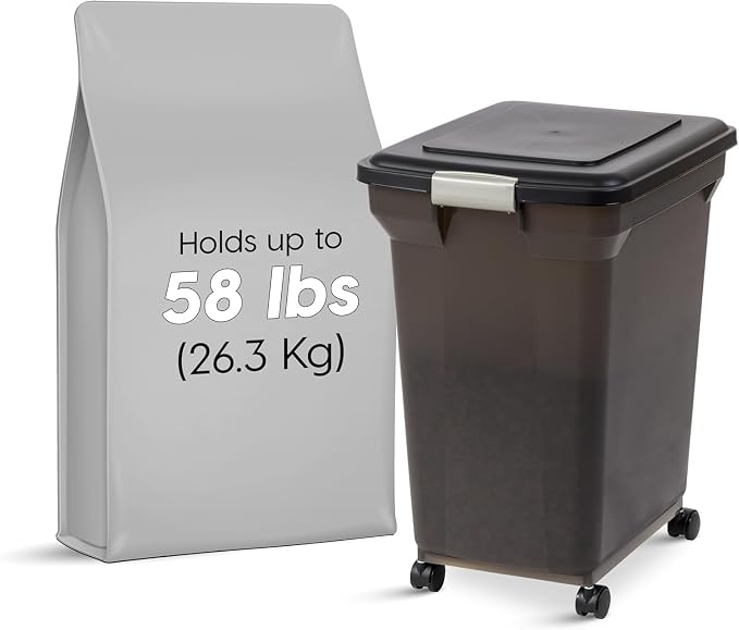 IRIS USA Dog Food Storage Container 58 Lb, Airtight Large Pet Food Storage Bin with Wheels, for Dog Cat Bird Chicken Food, Holds Up to 58 lbs, Keep Fresh, BPA Free, Made in USA, Black
