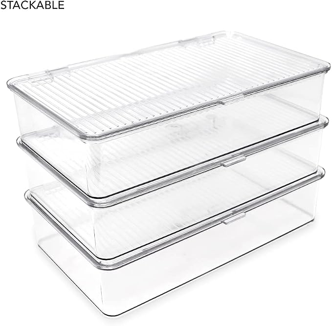 Isaac Jacobs Small Stackable Organizer Bin (10.75” x 6.5” x 2.4”) w Hinged Lid Clear Storage Box Home Office School Fridge Bathroom Kitchen Pantry Container BPAFree Food Safe (Small Clear) (Pack of 2)