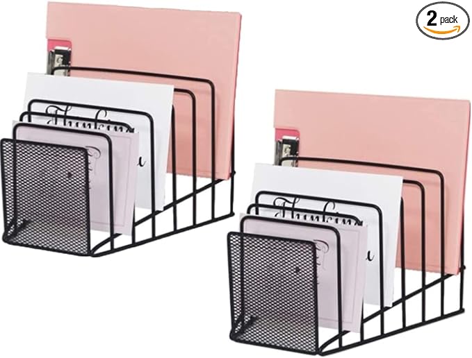2 Pack File Organizer Incline Desktop File Sorter 7 Sections | Multi Step File Organizer Incline Desktop File Sorter Metal Wire Mesh Step File Letter Sorter, 7 Sections, Black