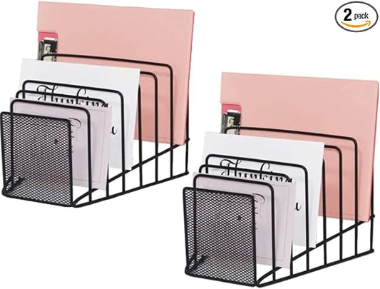 2 Pack File Organizer Incline Desktop File Sorter 7 Sections | Multi Step File Organizer Incline Desktop File Sorter Metal Wire Mesh Step File Letter Sorter, 7 Sections, Black