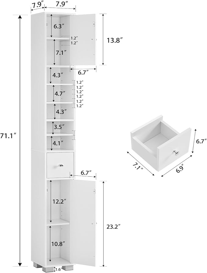 Bathroom Cabinet, Narrow Bathroom Storage Cabinet with 5 Adjustable Shelves & Drawer, Freestanding Cupboard for Small Spaces, White