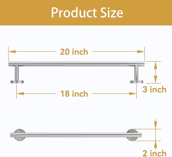 Brushed Nickel Towel Bar, 18 Inch Bathroom Towel Rack | Towel Holder Wall Mounted, Thicken SUS304 Stainless Steel Towel Rod Modern Home Decor (Total Length 20 Inch)