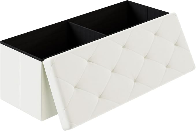 Sweetcrispy 43 Inch Storage Ottoman Bench, Folding Ottoman with Storage | Foot Rest Stool with Padded Seat, End of Bed Storage Bench for Living Room, Bedroom, Loads 660 LBS, Synthetic Leather, Beige