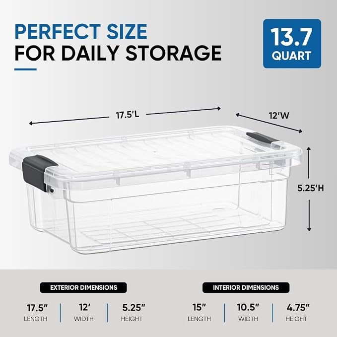 Superio Clear Storage Boxes with Lids, 13.7 Quart Plastic Container Bins for Organizing, Stackable Crates, BPA Free, Non Toxic, Odor Free, Organizers for Home, Office, School, and Dorm