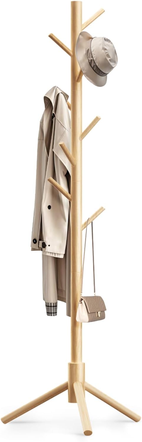 Wooden Coat Rack Freestanding with 8 Hooks,Easy Assembly New Zealand Pine Tree Coat Racks, 3 Adjustable Sizes for Clothes, Hats, Bags, for Entryway, Hallway, Bedroom, Office (Natural, 1 PC)