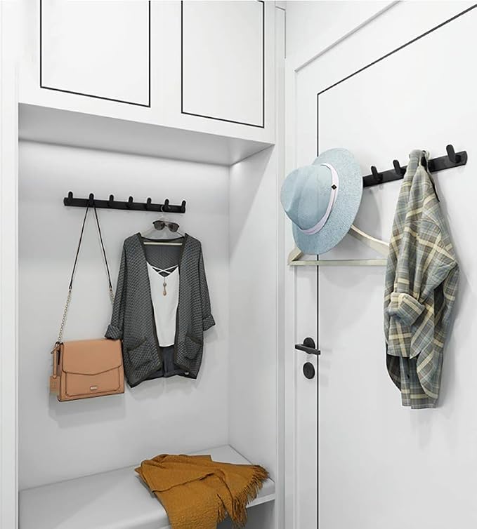 Wall Mounted Coat Rack, 7 Hooks, 25.7"x1.3", Modern, Black | Space Aluminum, Rustproof, for Hallway, Entryway, Hanging Holder for Clothes, Towel, Backpack, 40 lbs Capacity, Easy Install