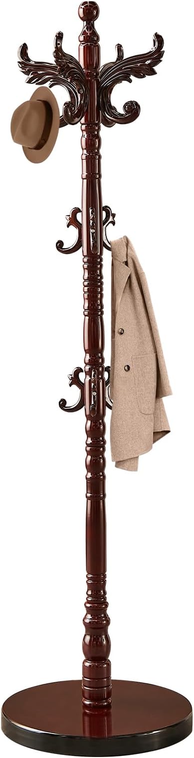 Snaikor Wooden Coat Rack Stand, Vintage Natural Birch Wood Coat Racks Freestanding, Solid Wood Coat Tree Stand with 14 Hooks, Classic Sturdy Coat Racks Hall Tree for Entryway, Office (Round chassis)