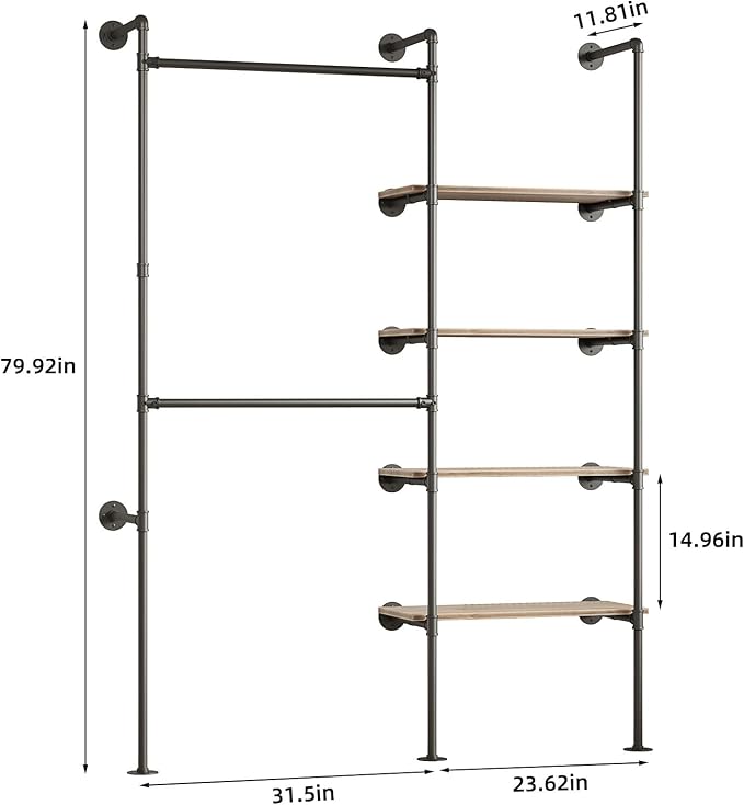 Industrial Pipe Clothing Rack | Hanging Rods Clothes Rack with Shelves, Clothes Rack for Wardrobe, Corner Closet System for Walk in Closets