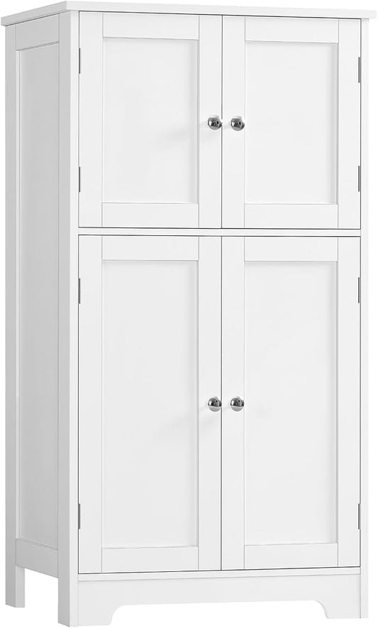 Bathroom Floor Storage Cabinet, Freestanding Bathroom Storage Unit with 2 Adjustable Shelves & 4 Doors, White