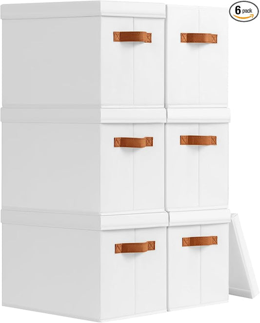 Storage Bins with Lids - Fabric Storage Baskets for Shelves, 6 Pack Foldable Decorative Boxes with Handles, Stackable Organizer Bins for Home, Nursery, Dorm, White