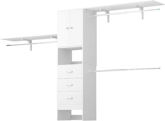 120 Inches Closet System With Doors, 10FT Walk In Closet Organizer with 3 Shelving Towers, Heavy Duty Clothes Rack with 3 Drawers, Built-In Garment Rack, White