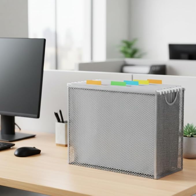Letter-Size Hanging File Organizer (Silver, with 5 Grey Folders) | File Holder Filing Box for Desk, Metal Mesh Desk File Folder Storage for Office(No Assembly Required)
