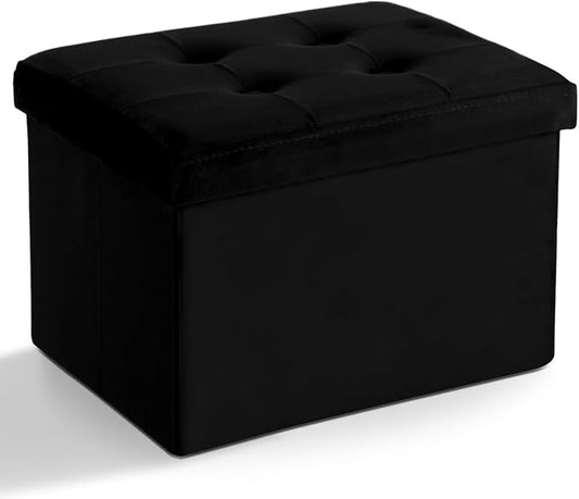 LINMAGCO Storage Ottoman Folding Foot Stool Foot Rest with Side Pocket Modern Ottoman with Storage Short Sofa Stool Velvet 17x13x13(Black)