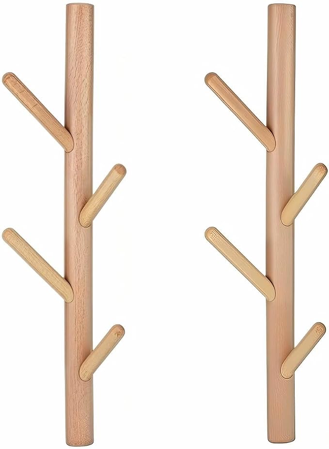Wooden Wall Mount Coat Rack | Wall Coat Rack, 4 Hooks Tree Branch Coat Rack Wall Mount, Hat Rack for Wall Heavy Duty, Bathroom Towel Rack 2 Pack