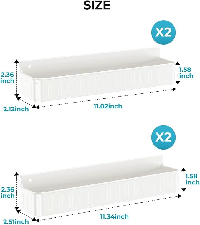Nieifi Spice Rack Wall Mount, 4 Pack White, 2" Depth, Screw/Adhesive | Wall-Mounted with Removable Hooks Saves Counter Space, Fits 2" Deep Jars, Ideal for Kitchen Cabinets, Pantry Doors, and RVs.