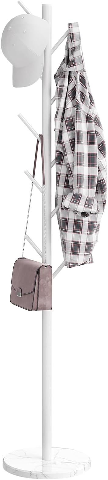 Coat Rack Freestanding, Metal Coat Rack with Natural Marble Base, White | 10 Hooks, 3 Adjustable Heights, Heavy Duty Coat Tree for Bags, Clothes, and Hats for Entryway, Bedroom, Hallway, Office