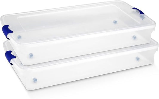 HOMZ 60 Quart Clear Plastic Underbed Storage Bins, Pack of 2 Large Organizer Containers with Secure Latching Lids, Easy Grip Handles and 4 Gliding Wheels, Stackable and Nestable
