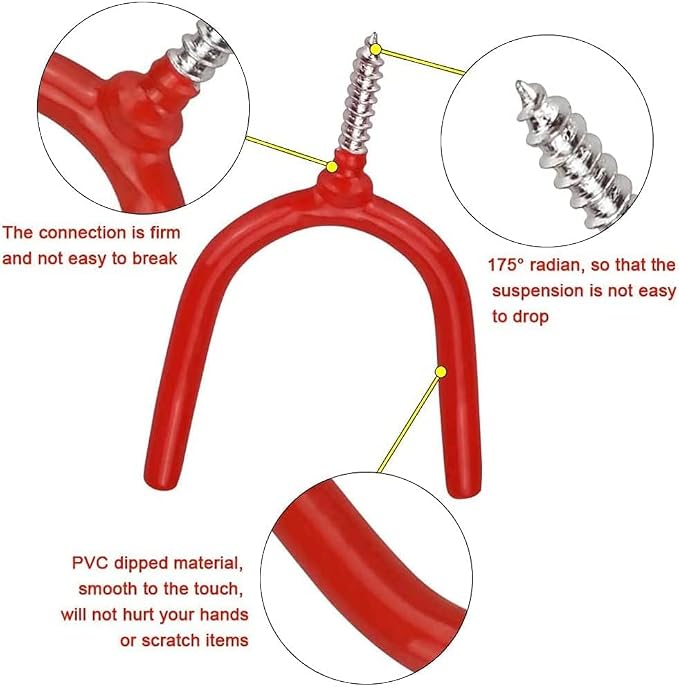 10 Pack Screw-in U Utility Hooks,Red Vinyl Coated Steel Wall Mount Garage Storage Hanger for Shed Yard,Heavy Duty Tool Hangers for Broom,Rake,Mop,Shovel,Garden Tools,Workshop Organizer System Hooks