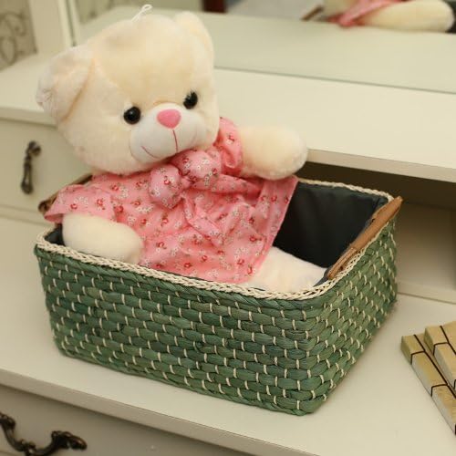 Basket Woven Maize Straw Storage with Handle, Kingwillow(Rectangular,Green Small:12.60"Lx8.66"Wx5.51"H)