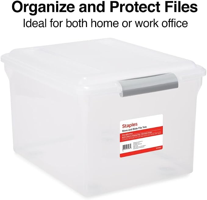STAPLES Store & Slide Plastic File Box Latching, Letter/Legal Size, Clear, 4/Carton