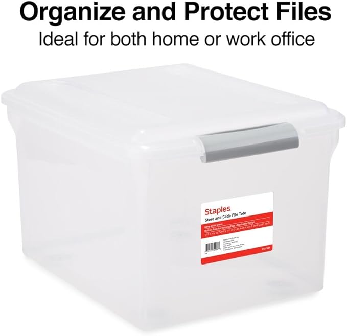 STAPLES Store & Slide Plastic File Box Latching, Letter/Legal Size, Clear, 2/Pack