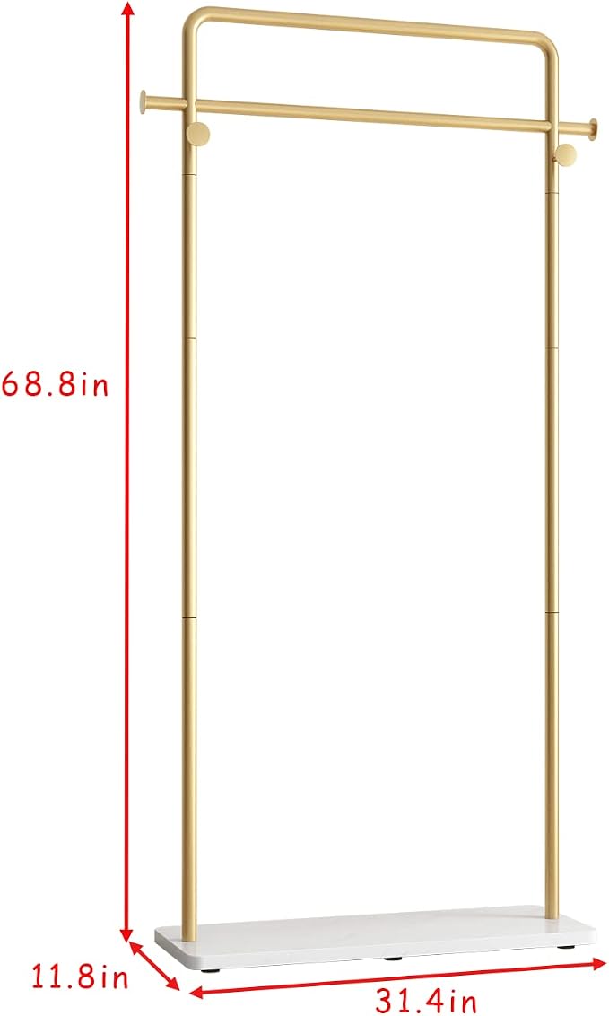 TIEOU Gold Coat Racks with Shelf, Heavy Duty Gold Clothing Racks for Boutiques, Free-Standing Metal Garment Rack for Hanging Clothes, Modern Clothes Rack Entryway