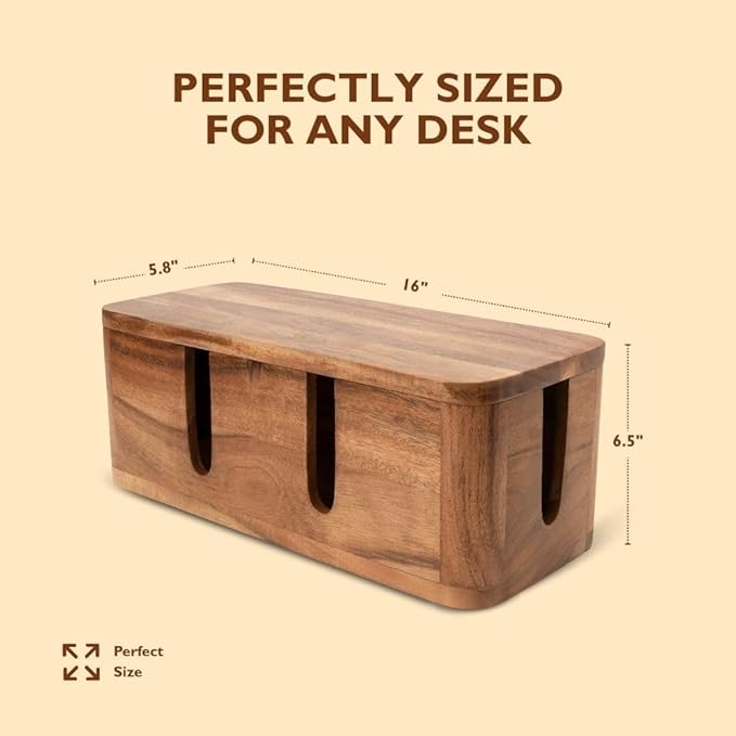 Acacia Cable Management Box - Rustic Design (Front Slots, Large) | Acacia Wood, Cable Organizer, Rustic Style, Modern Design, Desktop Storage