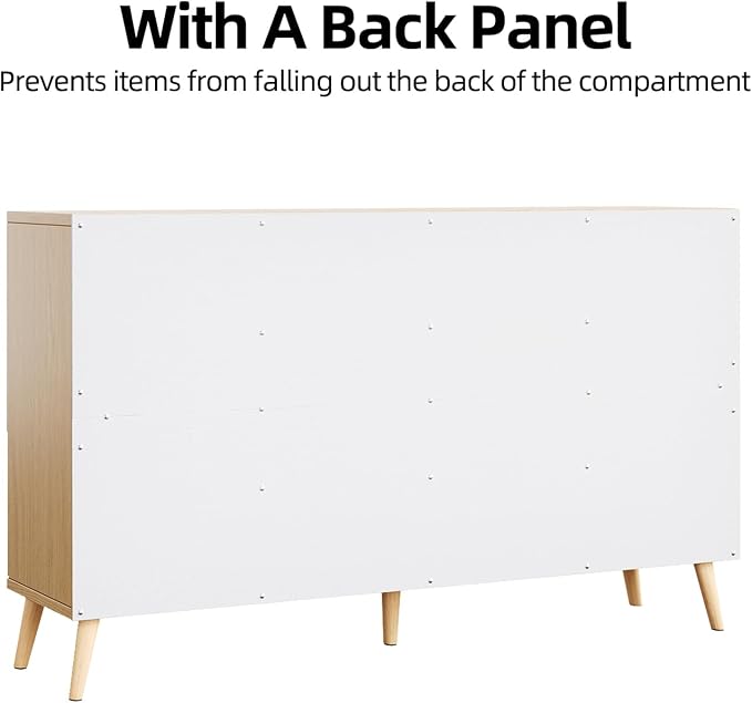 8-Cube Storage Organizer with Doors & 5 Solid Wood Legs, Mid-Century Modern Bookshelf with Seamless Top, Horizontal Cubby Toy Storage for Kids, Sideboard Media Console fits 11" Bins, Natural