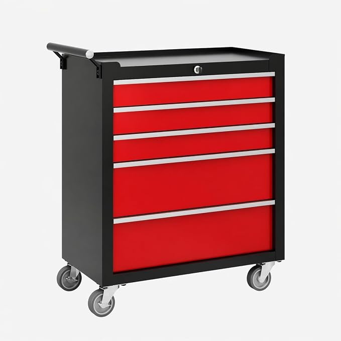 Garvee Rolling Tool Chest, 5 Drawers Tool Storage Cabinet, Toolbox with Wheels, Portable Tool Cabinet Organizer with Locking System & Drawer Liners, Tool Storage Cart for Garage, Workshop, Black＆Red
