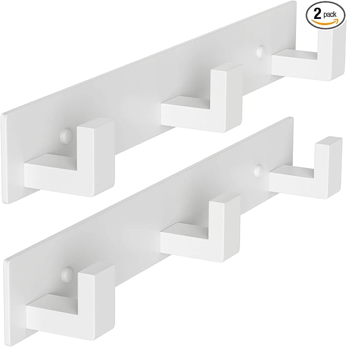 PMMASTO Stainless Steel Coat Rack Wall Mounted, Heavy Duty Metal Hook Rail for Hanging Coats Hats Towels Robes Bags, Modern Wall Hooks Organizer (White, 3 "L Hooks, 2 Pack)