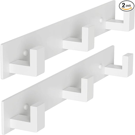 PMMASTO Stainless Steel Coat Rack Wall Mounted, Heavy Duty Metal Hook Rail for Hanging Coats Hats Towels Robes Bags, Modern Wall Hooks Organizer (White, 3 "L Hooks, 2 Pack)