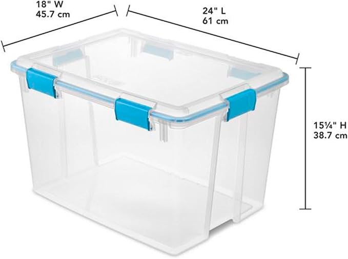 Sterilite 80 Qt Gasket Box, Stackable Storage Bin with Latching Lid and Tight Seal, Plastic Container to Organize Basement, Clear Base and Lid, 1-Pack