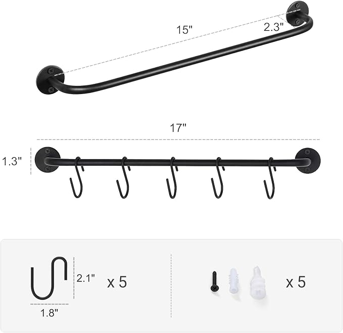 Mkono Wall Mounted Mug Holder, Coffee Cup Hanger Rack with 5 Hooks, 1 Pack | Kitchen Rod, Space Saving, Easy Assembly, Wall & Under Cabinet, Durable Metal, Kitchen Dining Bar Organizer, Multi-Function