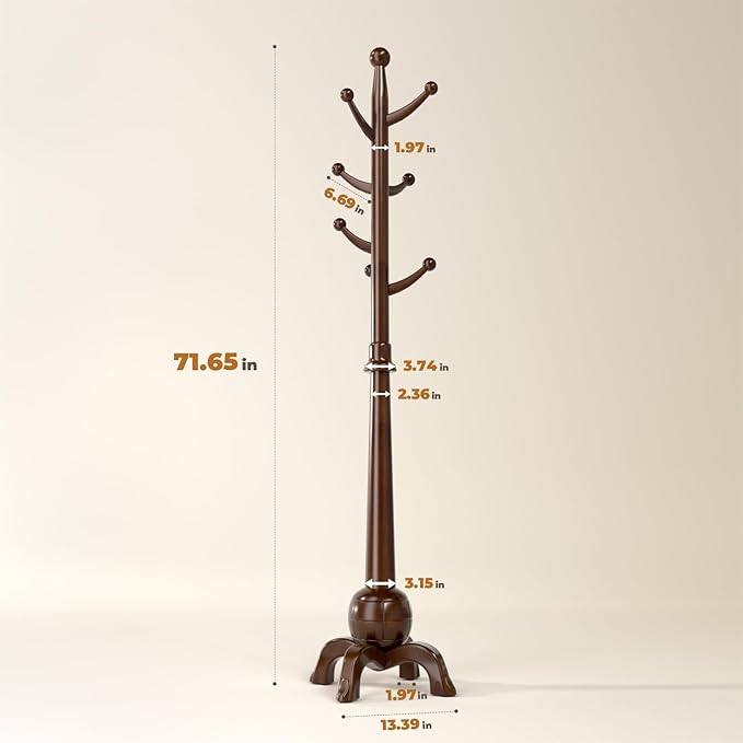 Coat Rack Freestanding with 8 Hooks, Wooden Coat Tree, Walnut | Coat Hanger Stand Heavy Duty with Stable Base, Hall Tree for Entryway Hallway Bedroom Office, 240lbs Load Capacity H:71.7in
