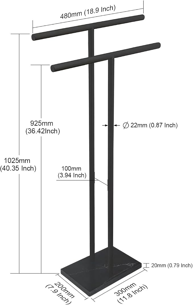 40 Inch Freestanding Towel Rack for Bathroom Floor Double-T Shape Bath Sheet Holder with Marble Design Base Standing Towel bar Next to Tub or Shower Towel Holder Stand SUS304 Matte Black